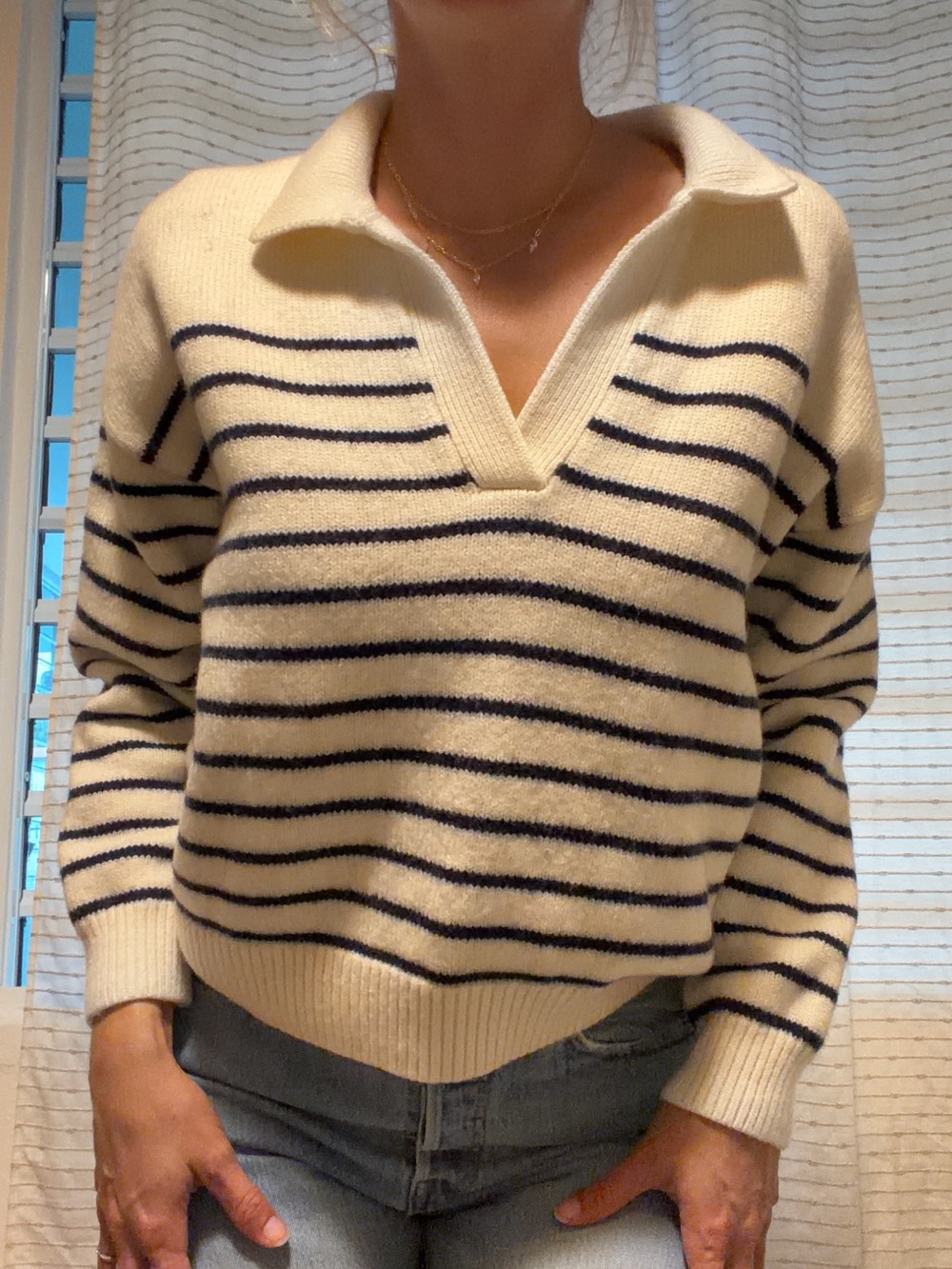 Wilfred Cream and Navy Striped V-Neck Collared Sweater